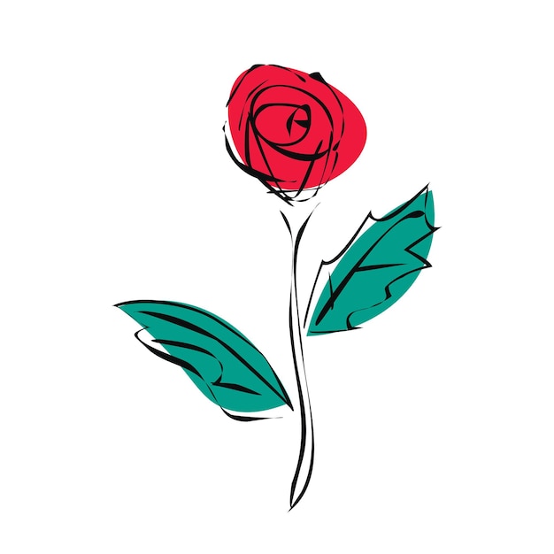 Sketch red rose flower of black outlines.