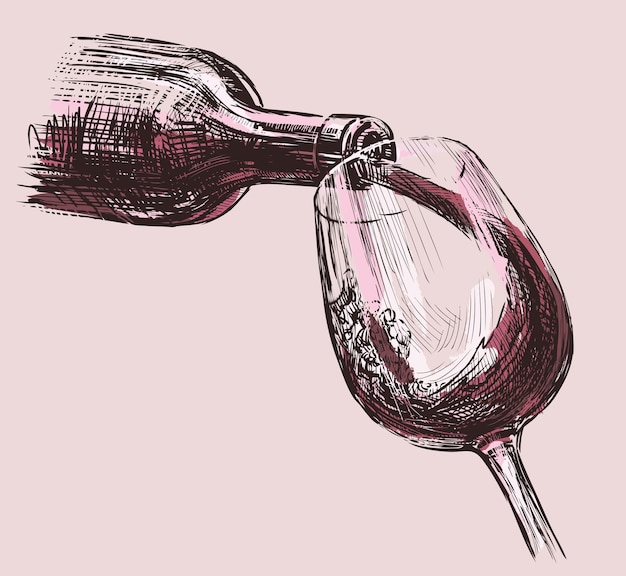 Vector sketch of red wine poured from bottle into glass