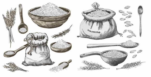 Vector sketch rice grains vintage seeds pile and farm ears