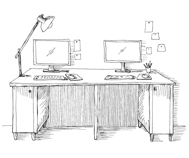 Sketch the room desk various objects on the table sketch workspace