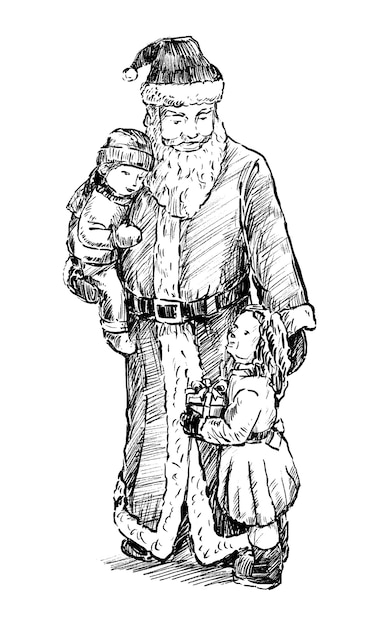 Sketch of santa claus plays with kids hand draw