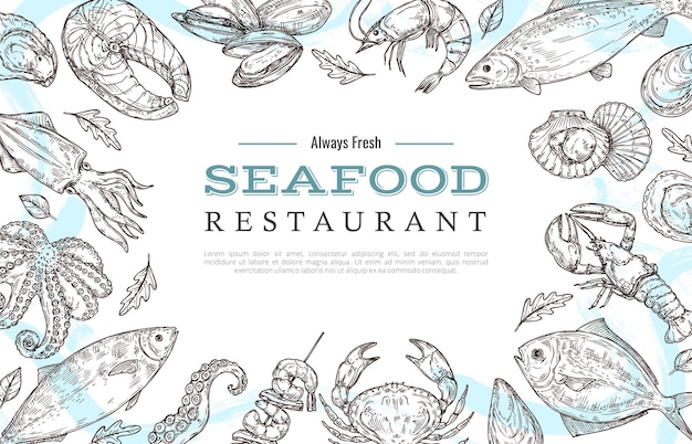 Sketch seafood frame with sample text template and drawing of fish crab lobster salmon