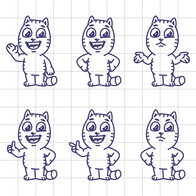 Эскиз набор символов кошки указывает и показывает. векторные иллюстрации. талисман.