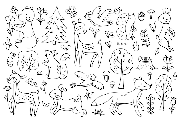 Sketch set of cute forest animals with elements of nature Ideal for scrapbooking postcards posters t