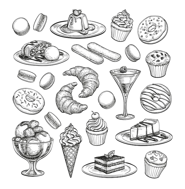 Sketch set of desserts. Pastry sweets collection. Vintage style ink sketches.