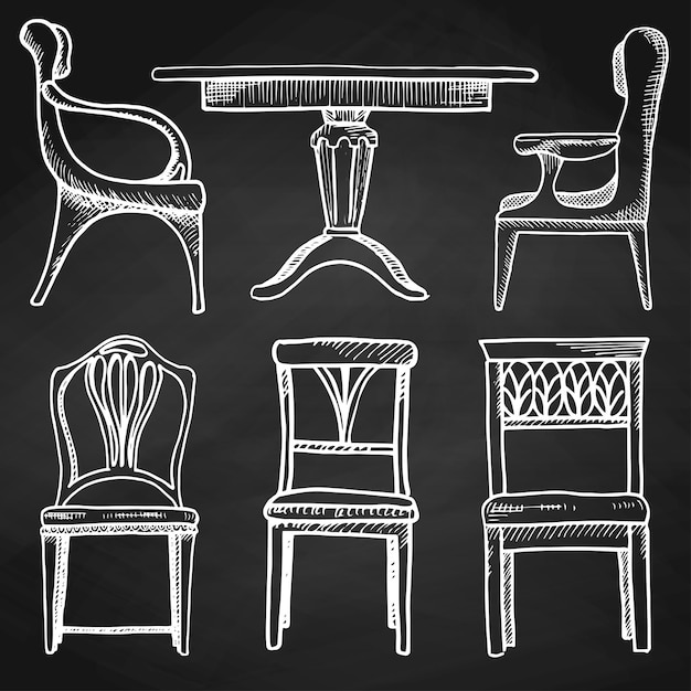 Sketch set isolated furniture Different chairs and tables Hand drawn chalk on a chalkboardVector illustration in a sketch style