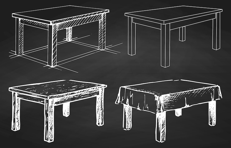 Vector sketch set isolated furniture different tables on the chalkboard vector illustration