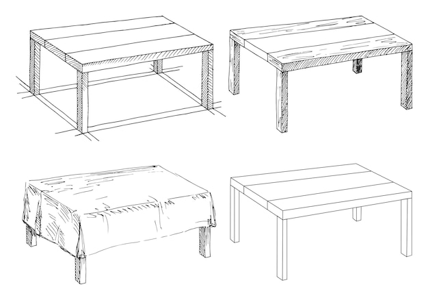 Вектор Эскиз набор изолированной мебели. разные таблицы. линейные черные таблицы на белом пространстве.