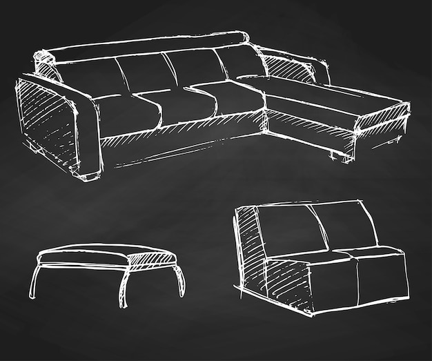 Sketch set isolated furniture Hand drawn chalk on a chalkboardVector illustration in a sketch style