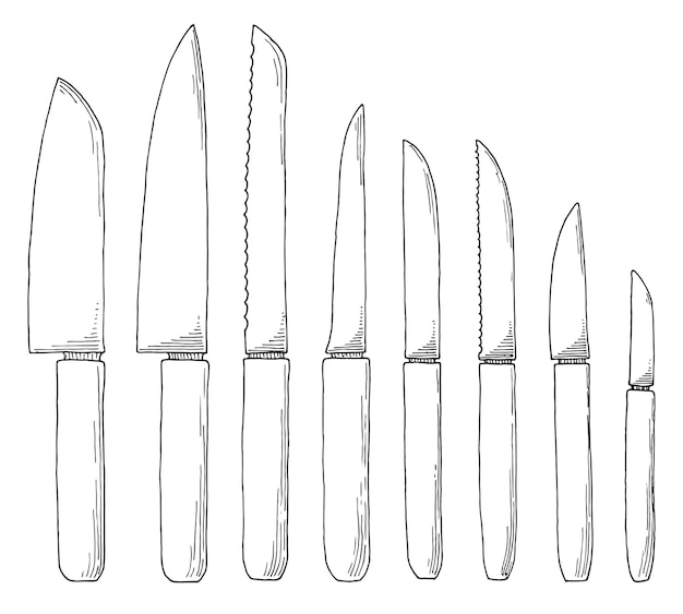 Set di coltelli da cucina di schizzo. illustrazione