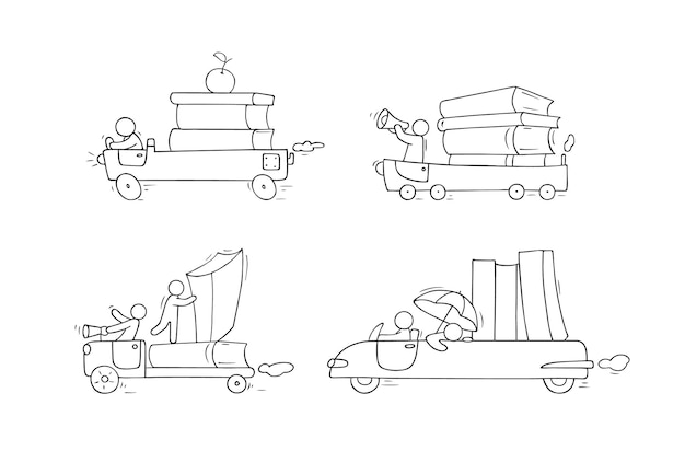 Vector sketch set of many books with little people