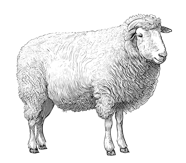 Vector a sketch of a sheep with curly hair and a curly tail.