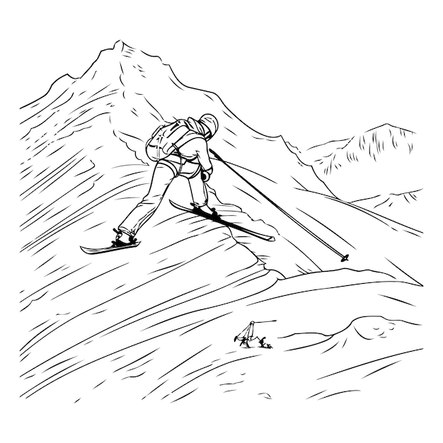 산 에 있는 스키 선수 의 스케치 터 일러스트레이션