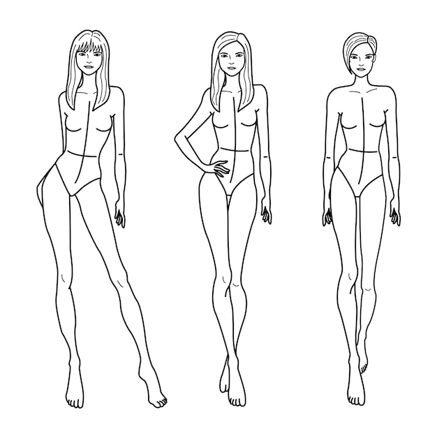 Technical Drawing Of Womans Figure Vector Thin Line Girl Model Template For  Fashion Sketching Womans Body Poses The Position Of The Hand At The Waist  And Walking On Runway Separate Layers Stock