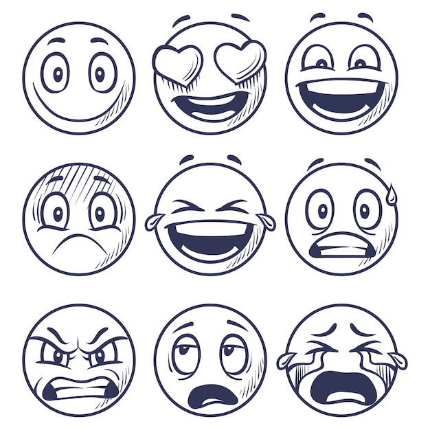 Vector sketch smiles. doodle smiley in different emotions.