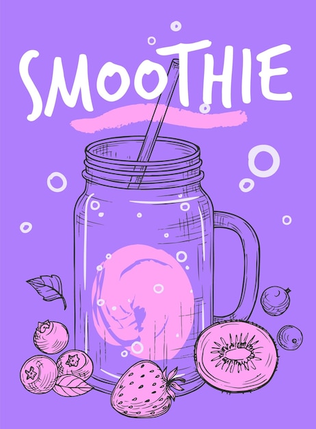 Sketch smoothie flyer fresh juice bar banner vegan vitamin and healthy drinks from fruits and berries in jar detox lifestyle vector poster