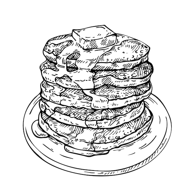 Sketch stack of pancakes with butter and syrup on plate.