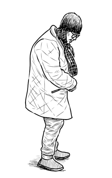 Sketch of a standing sad elderly woman