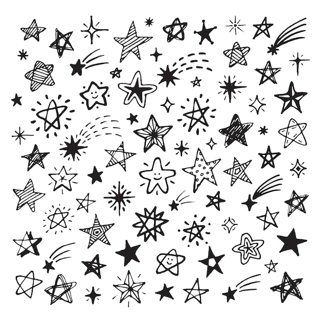 Collezione di stelle di schizzo cometa disegnata a mano con disegno del cielo stellato con burst elementi dello spazio di scarabocchio isolati decorazioni vettoriali ordinate del grunge di doodle