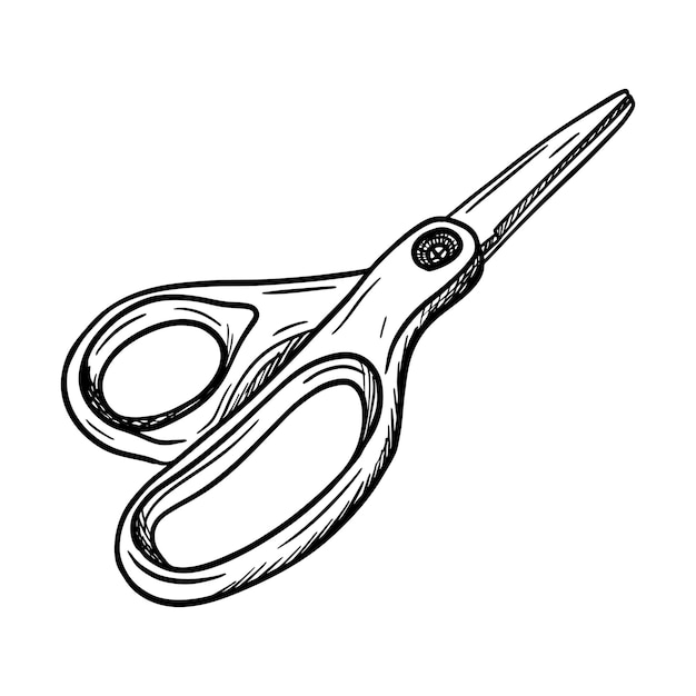 Sketch of stationery scissors, tool for creativity, sewing, applications. Hand drawn Black white