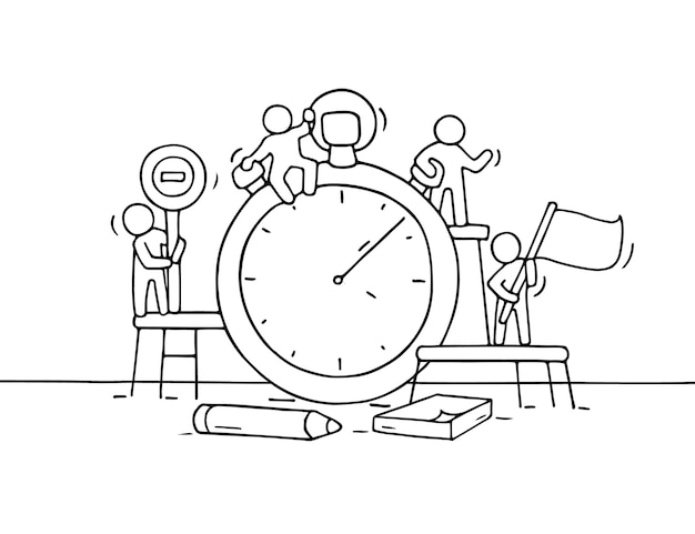 Sketch of stopwatch with working little people. Doodle cute miniature teamwork about deadline. Hand drawn cartoon for business design and infographic.