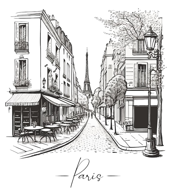 Vector sketch of a street with a view of paris.