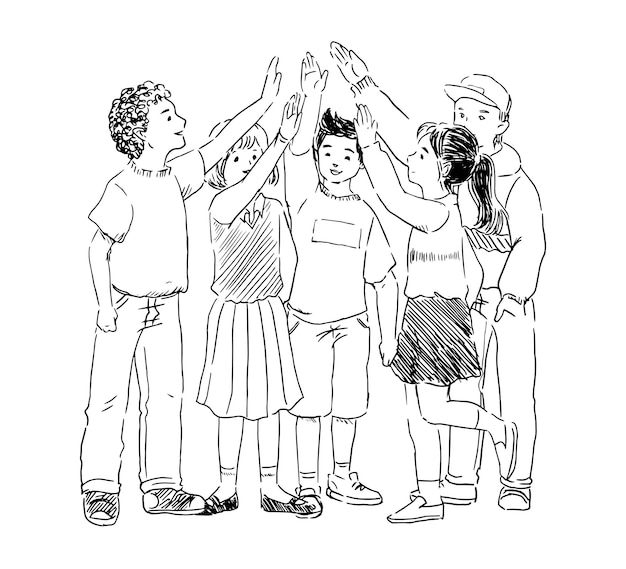 Vector sketch of students high five
