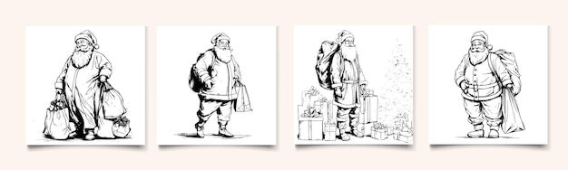 Sketch style drawing of santa claus with gifts in full length isolated on white background