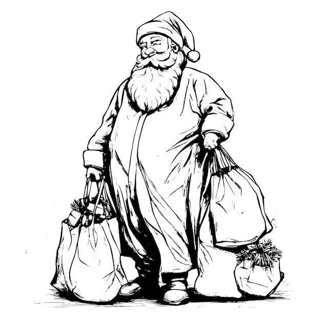 Sketch style drawing of santa claus with gifts in full length isolated on white background