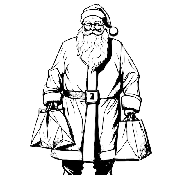 Sketch style drawing of santa claus with gifts in full length isolated on white background