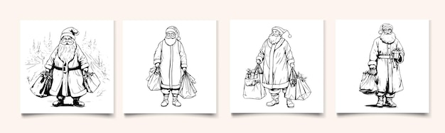 Sketch style drawing of santa claus with gifts in full length isolated on white background