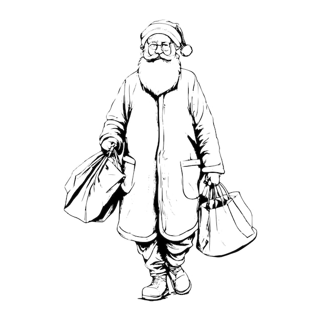 Sketch style drawing of santa claus with gifts in full length isolated on white background