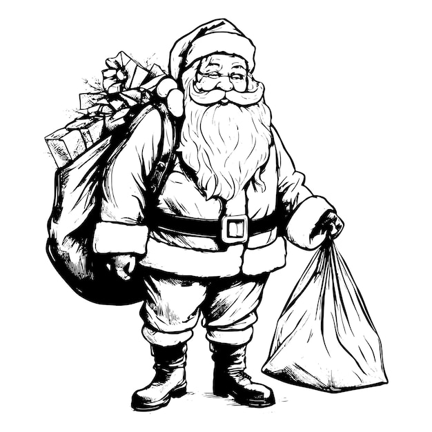 Рисунок в стиле эскиза Санта-Клауса с подарками в полный рост, изолированный на белом фоне