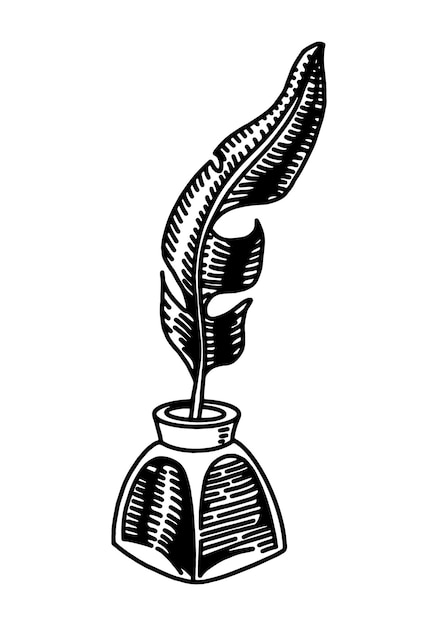 Vector sketch style feather quill pen and ink well illustration