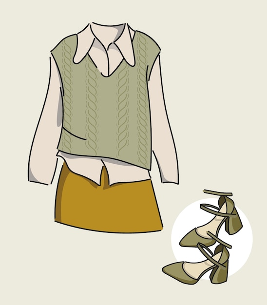 Sketch of a stylish Knitted Vest with blouse high heeled shoes and skirt Handdrawn llustration for magazines shops and websites Color olive