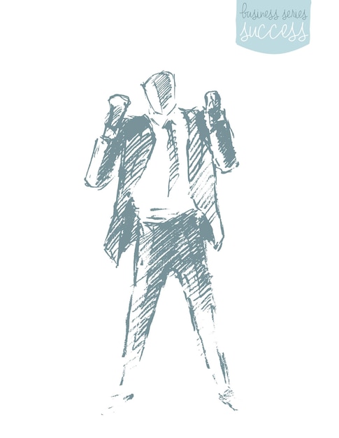 Sketch of a successful businessman with raising arms. Winner, leadership