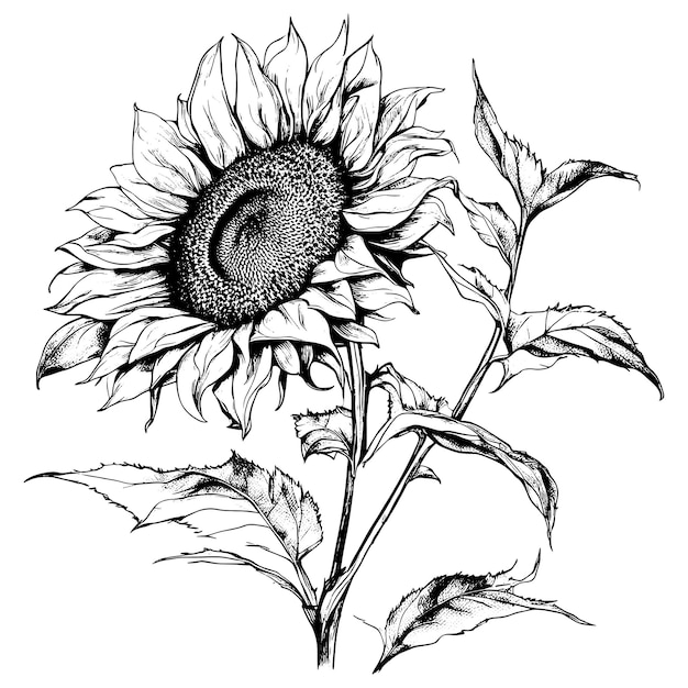 Sketch sunflower vector realistic wildflower drawing isolated monochrome floral design element