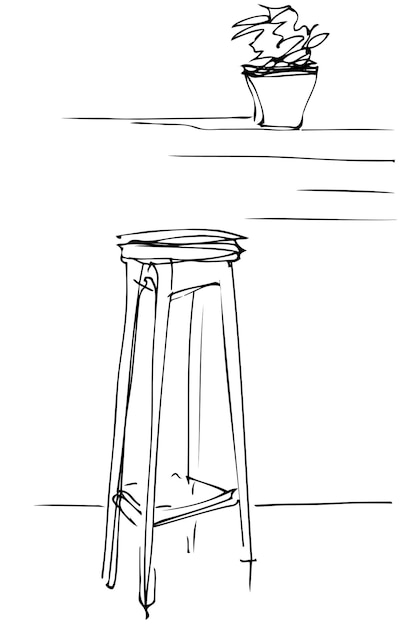 Vector sketch of a tall wooden stool and flower room