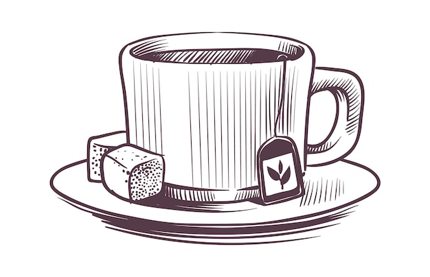 Vector sketch tea cup. hand drawn mug on plate with two sugar cubes and hot herbal drink in engraving style, monochrome morning or evening beverage for cafe or restaurant menu vector isolated single element