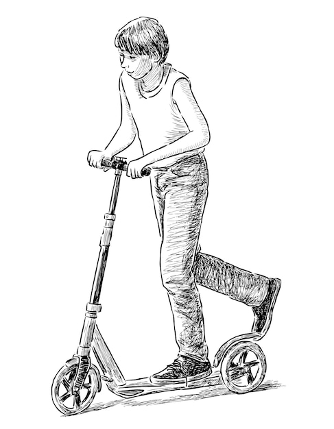 Vector sketch of teen boy riding a scooter