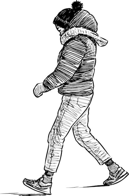 Sketch of teen girl striding down street