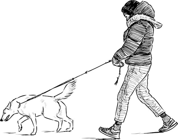 산책을 하는 그의 강아지와 함께 십 대의 스케치