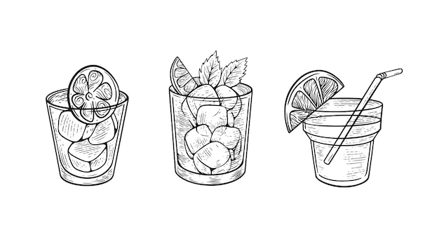 A sketch of three cocktails with lemons and limes.