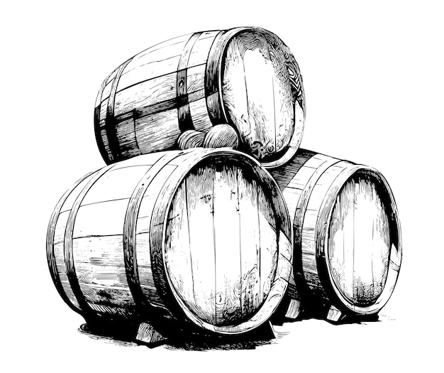 Sketch of three wooden barrels with the word wine on the bottom.