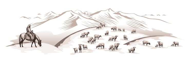 Vector sketch on the topic of life in central asia a shepherd herding a flock of sheep against a mountain