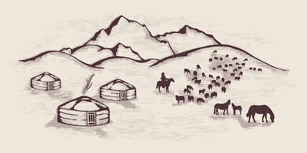 Schizzo sul tema della vita in asia centrale, yurte in montagna, bestiame al pascolo