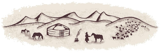 Sketch on the topic of life in Central Asia, yurts in the mountains, cattle graze