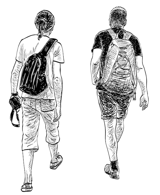 Vector sketch of tourists men going on a stroll