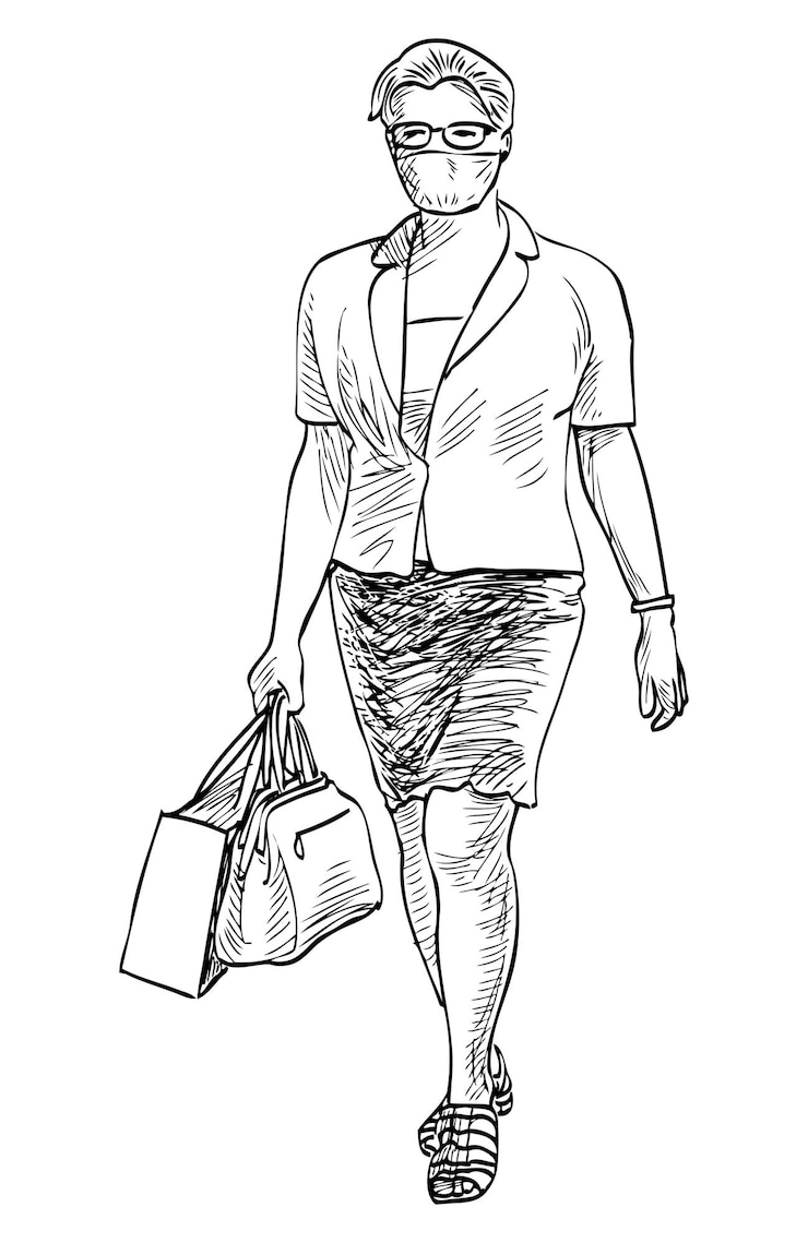 वेक्टर sketch of townswoman in mask walking down street