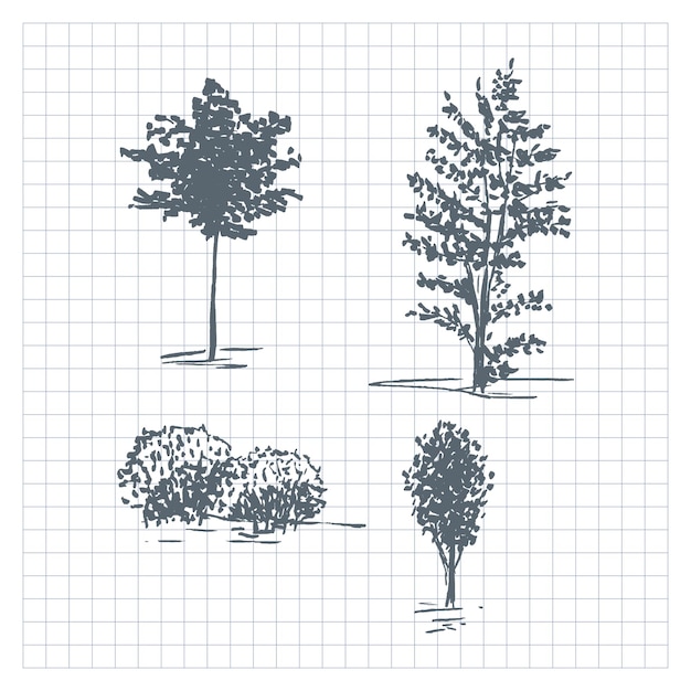 Alberi di schizzo. set di alberi di sagome disegnate a mano. illustrazione vettoriale isolato su sfondo a scacchi.